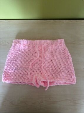 Handmade Crochet Pink Drawstring Shorts